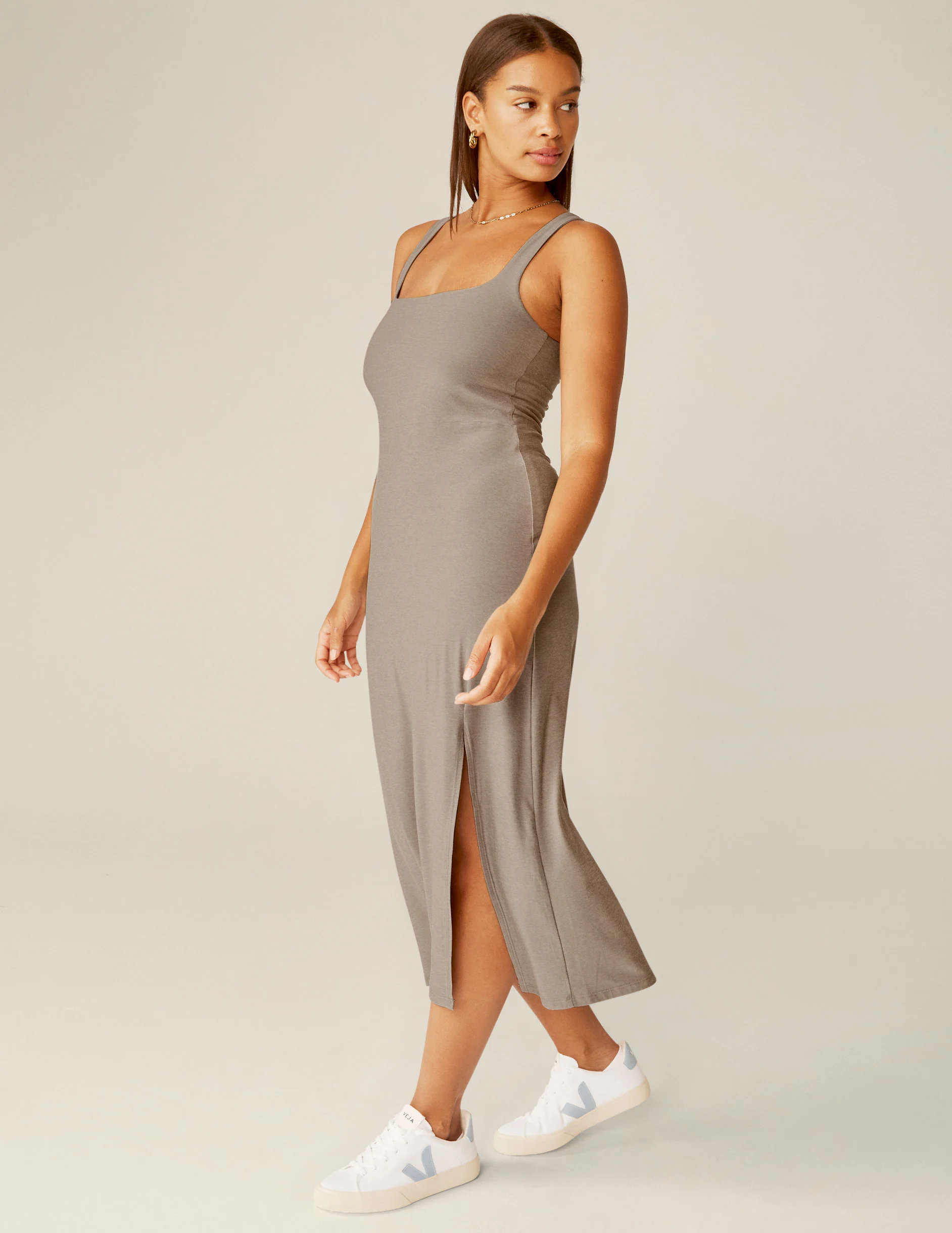 Featherweight Square Neck Slit Midi Dress - Onhollan